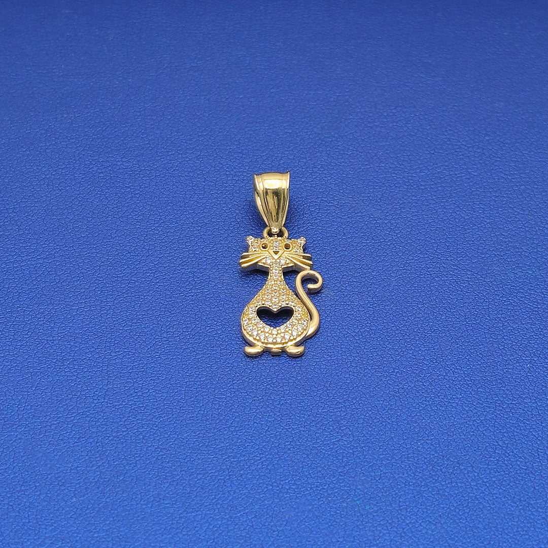 14k CZ Kitty Cat & Heart Pendant